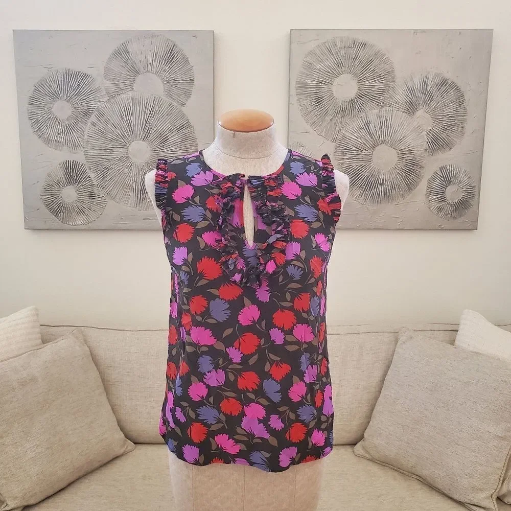 J.Crew Silk Floral Print Ruffle Blouse sz 2
